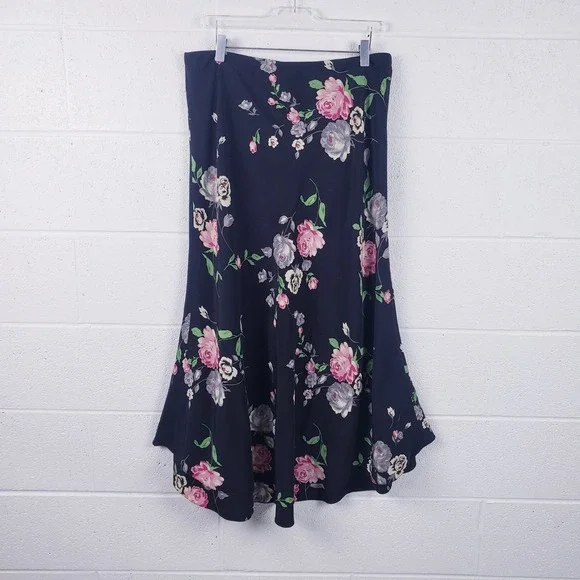 Lauren Ralph Lauren Skirt Black Floral Silk High Low Midi Womens Size 12 - Picture 2 of 7